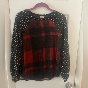 Red and Black Plaid Top with Polka Dot Sleeves